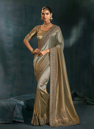 Shimmer Grey Handwork Embroidery Silk Saree