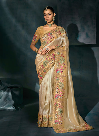 Champagne Gold Multi Handwork Embroidery Silk Saree