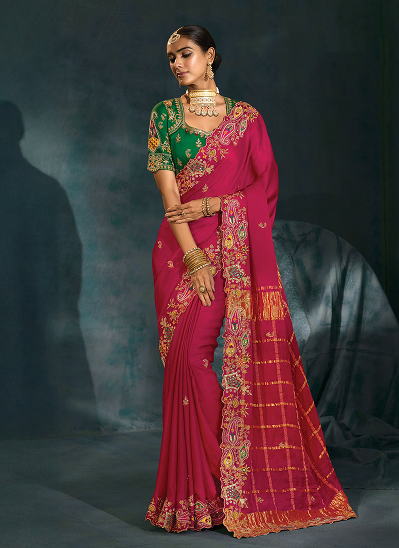 Green And Magenta Handwork Embroidery Silk Saree