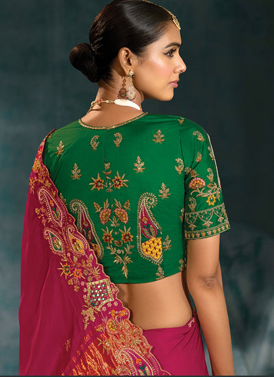 Green And Magenta Handwork Embroidery Silk Saree