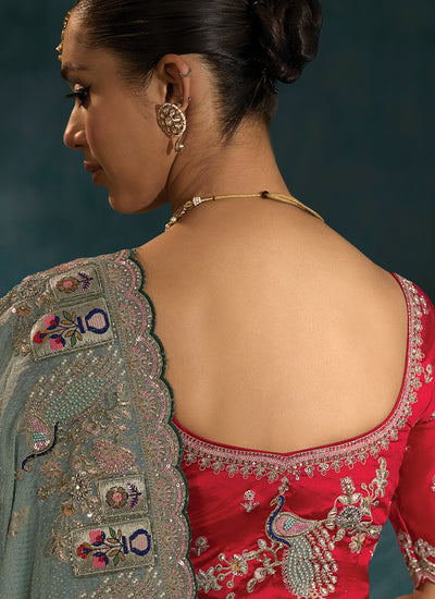 Grey And Red Multi Handwork Embroidery Silk Saree