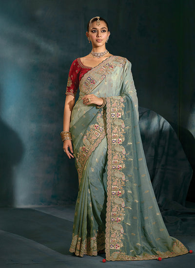 Grey And Red Multi Handwork Embroidery Silk Saree