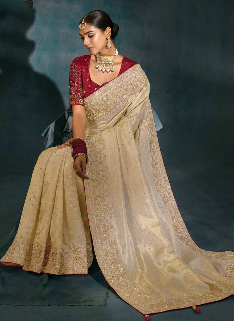 Shop Ivory And Red Designer Saree Online