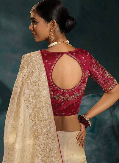 Ivory And Red Handwork Embroidery Saree