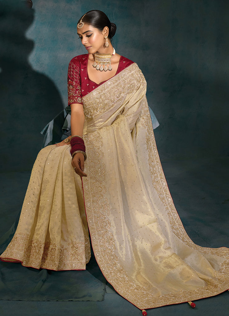 Shop Ivory And Red Designer Saree Online