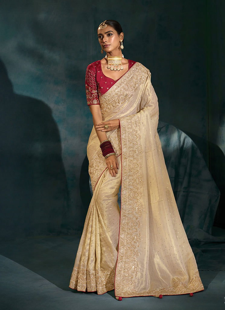 Ivory And Red Handwork Embroidery Saree