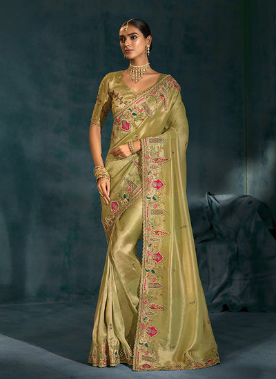 Olive Green Handwork Embroidery Silk Saree