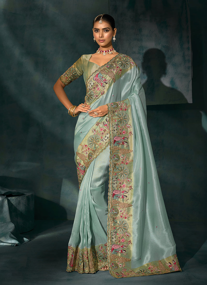 Sea Green Handwork Embroidery Silk Saree
