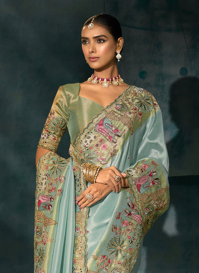 Sea Green Handwork Embroidery Silk Saree