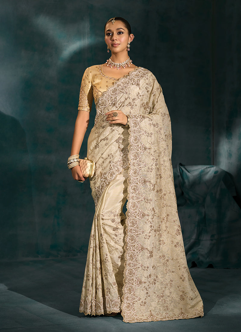 Cream And Butter Yellow Handwork Embroidery Saree