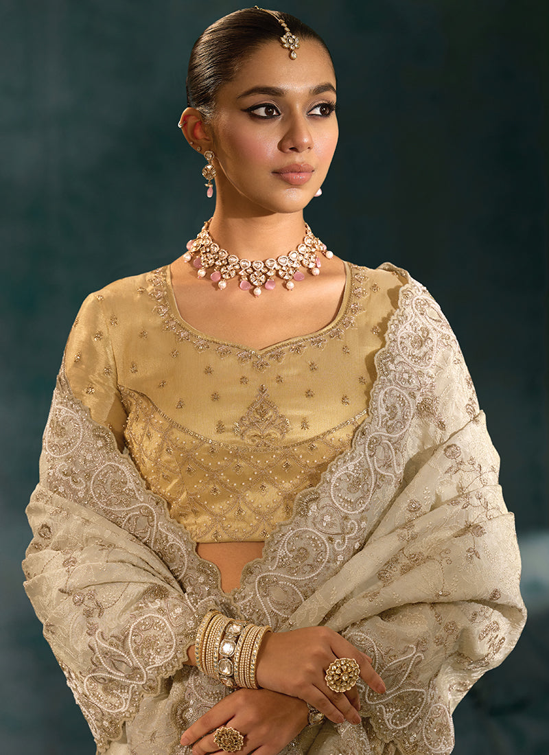 Shop Cream And Yellow Handwork Saree Online