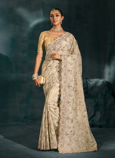 Cream And Butter Yellow Handwork Embroidery Saree