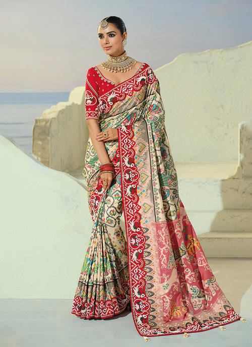 Cream And Red Embroidered Patola Saree With Blouse