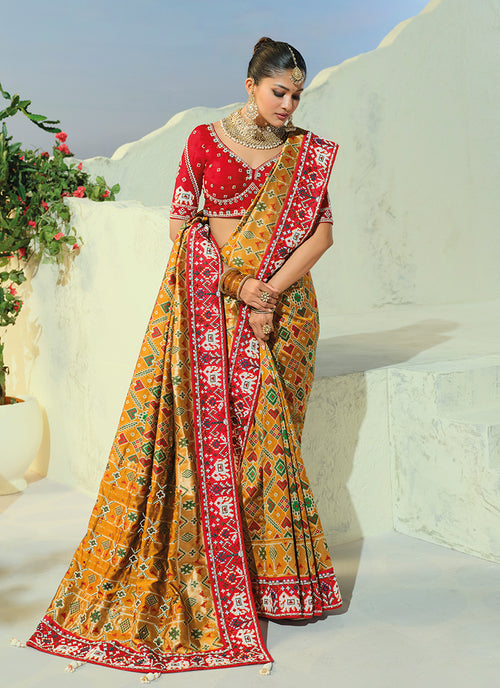 Buy Designer Mustard Patola Sari Online At Hatkay 