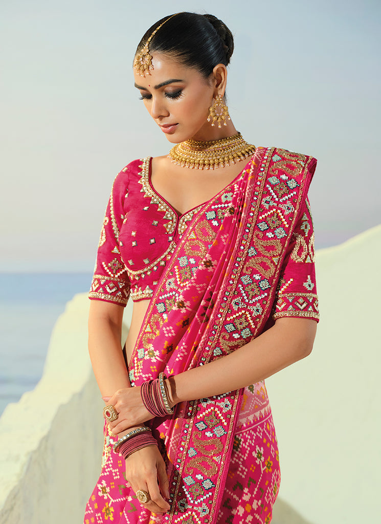 Shop Magenta Rani Pink Patola Sari in UAE
