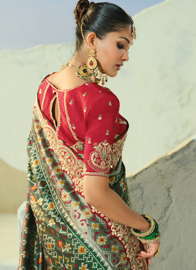 Buy Green And Red Patola Saree In USA