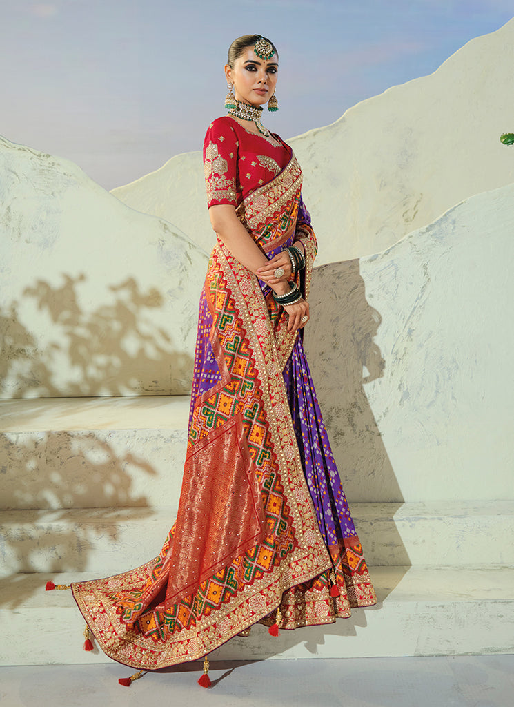 Shop Purple And Red Embroidered Patola Sari At Hatkay

