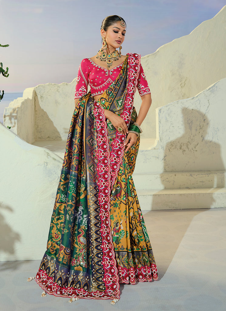 Yellow Multicolor Embroidered Patola Saree With Blouse