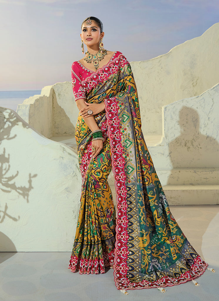 Shop Yellow Multicolor Embroidered Patola Sari In Australia