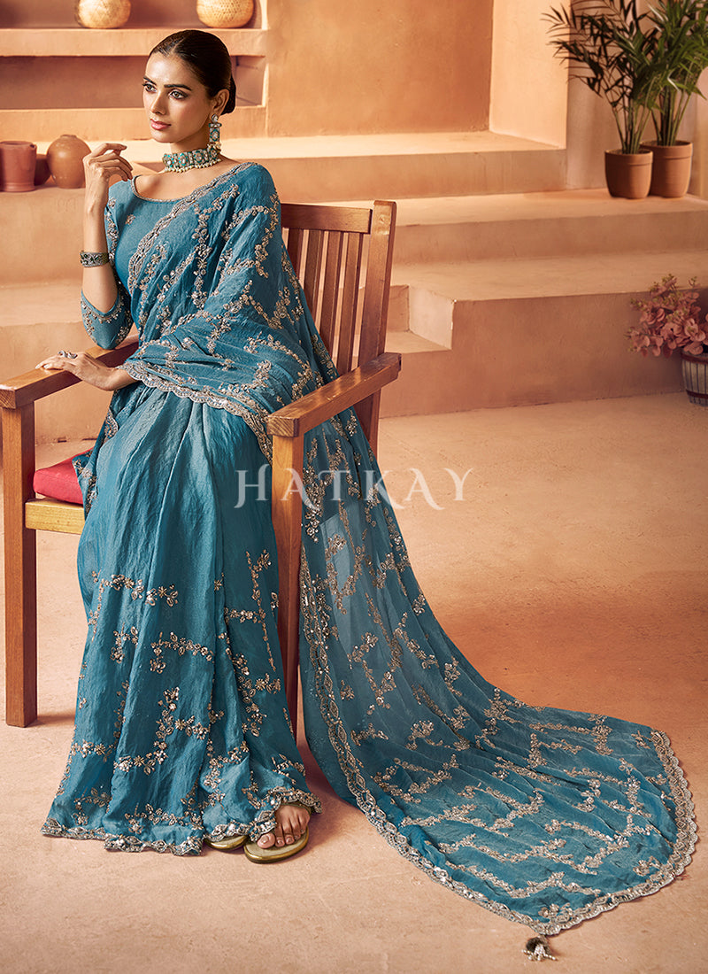 Turquoise Embroidered Saree