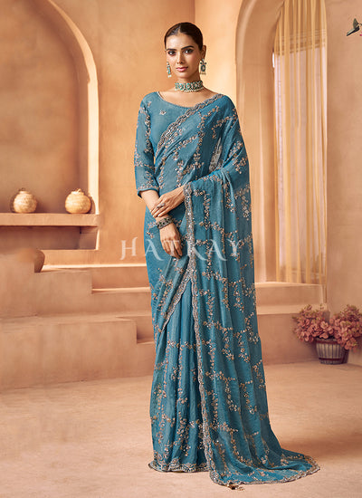 Turquoise Embroidered Saree