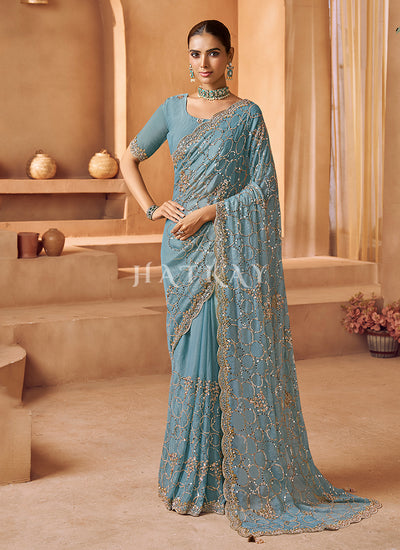 Mist Blue Embroidered Saree