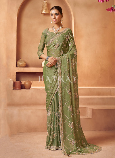 Light Green Embroidered Sari