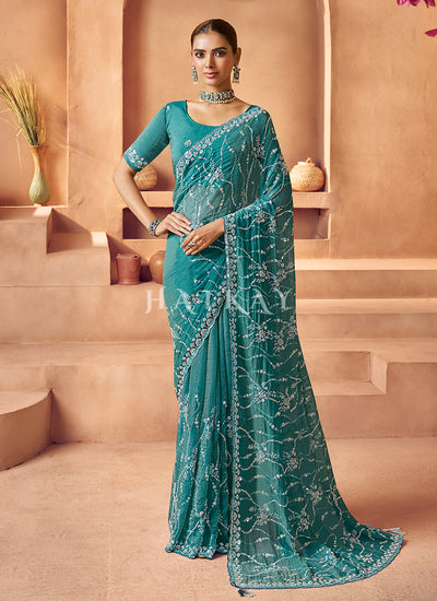 Teal Blue Embroidered Saree