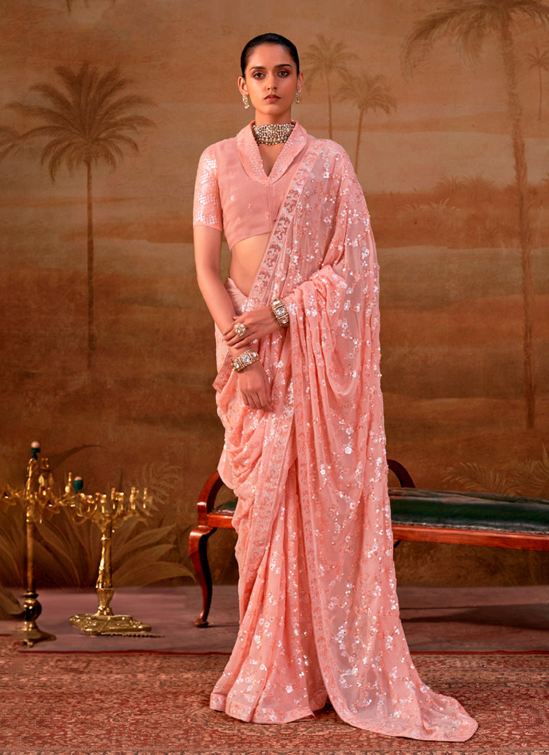 Peach Sequins Embroidery Georgette Saree