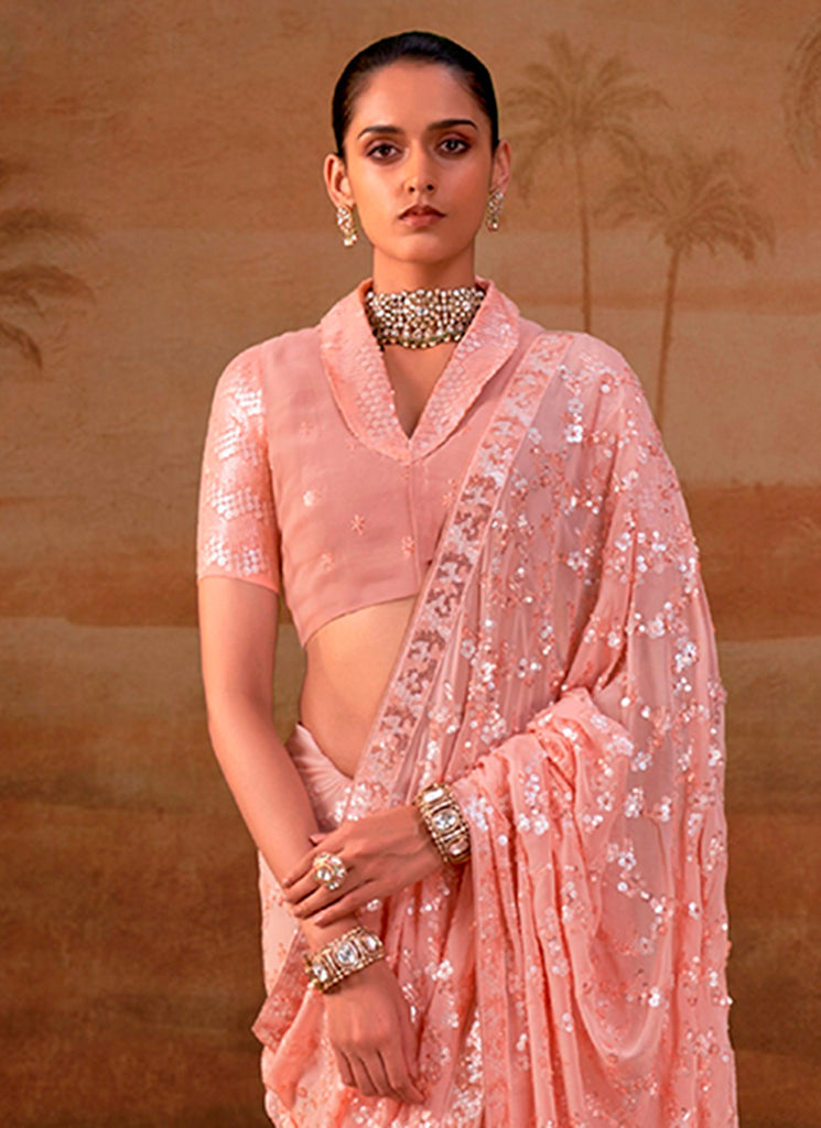 Buy Peach Sequins Embroidery Sari In USA