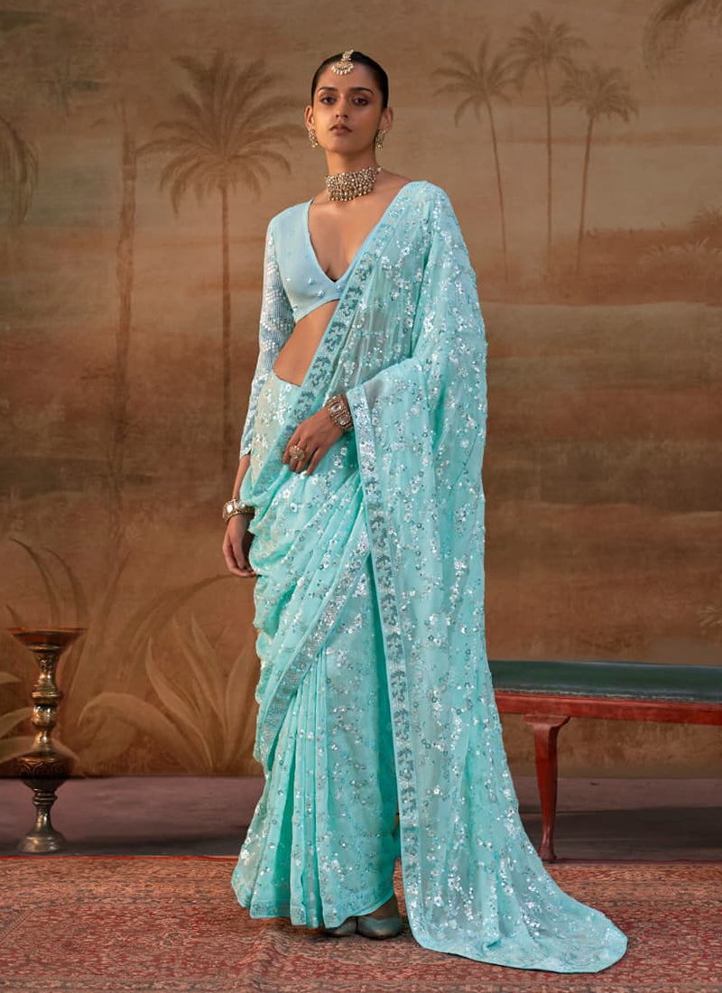 Sky Blue Sequins Embroidery Georgette Saree