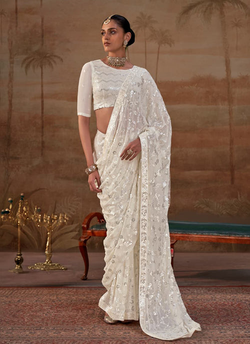 White Sequins Embroidery Georgette Saree