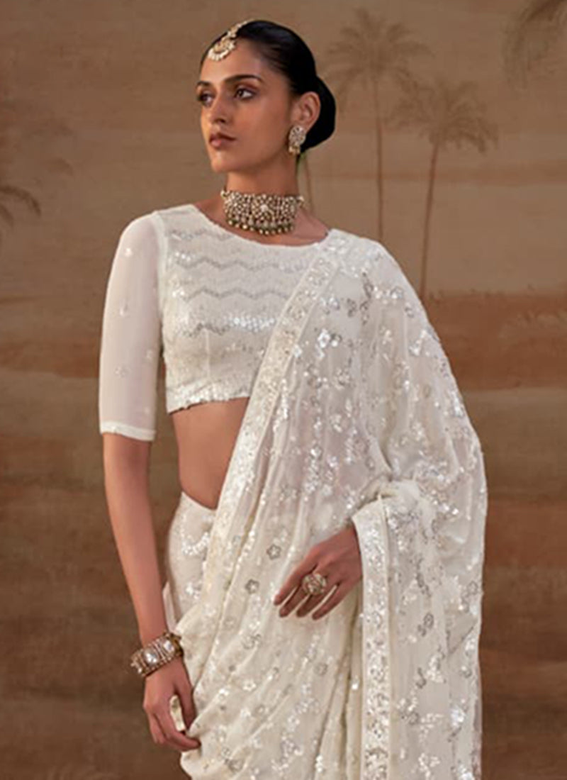 Buy White Sequins Embroidery Sari In Canada