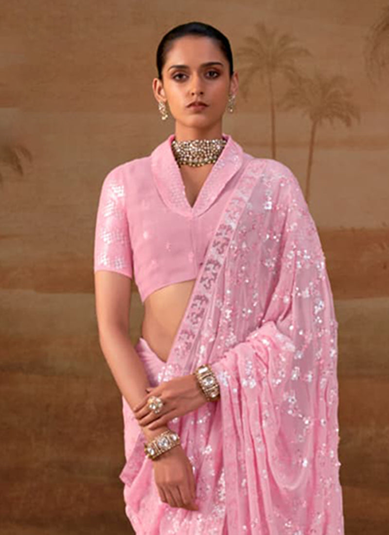 Pink Sequins Embroidery Georgette Saree