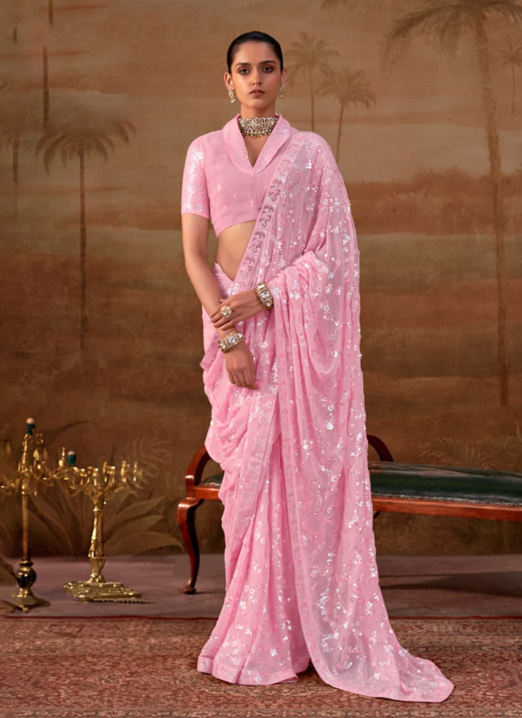 Pink Sequins Embroidery Georgette Saree