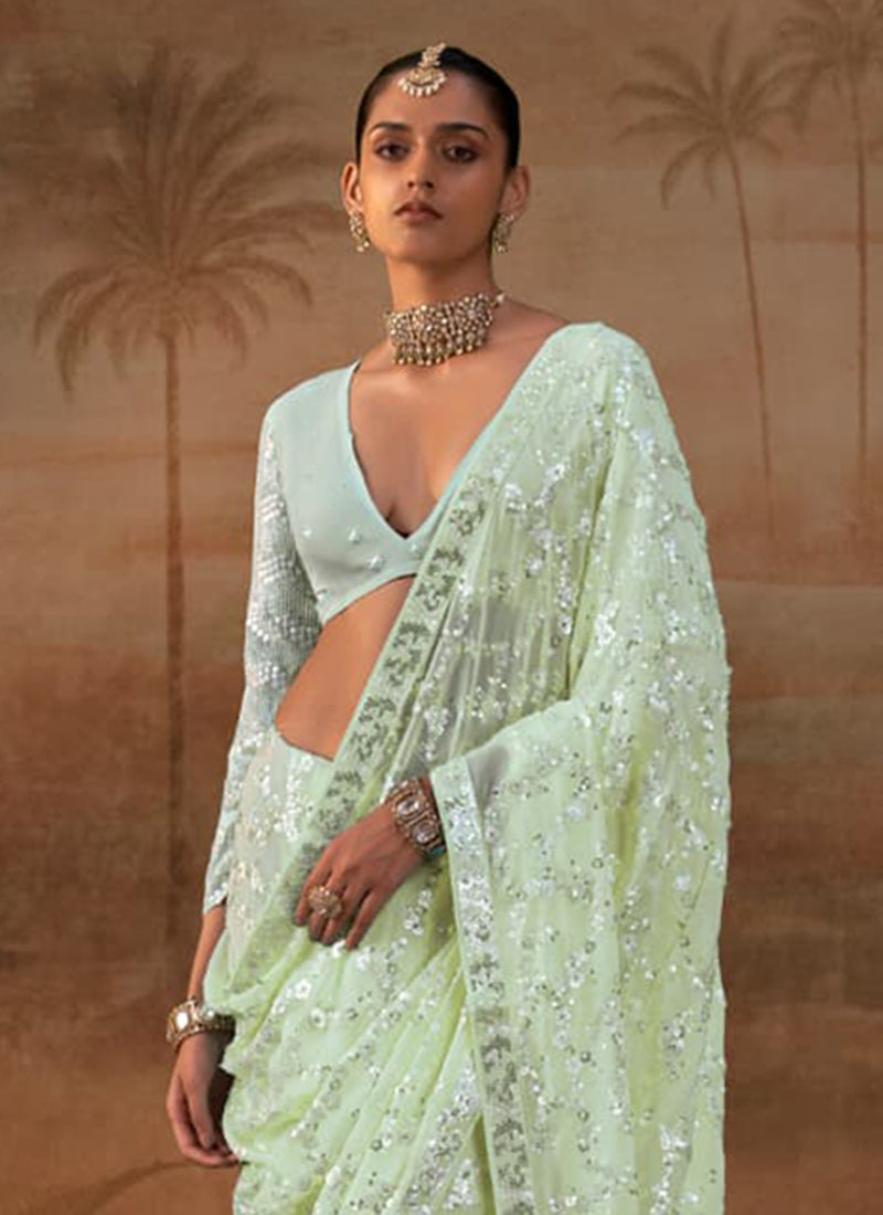 Lime Green Sequins Embroidery Georgette Saree