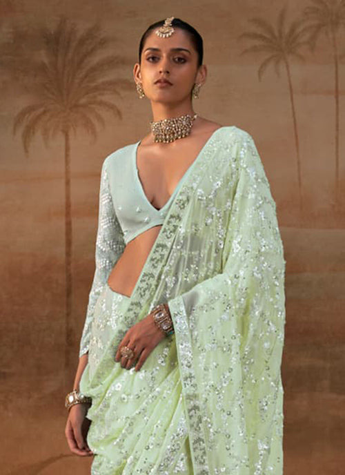 Lime Green Sequins Embroidery Georgette Saree