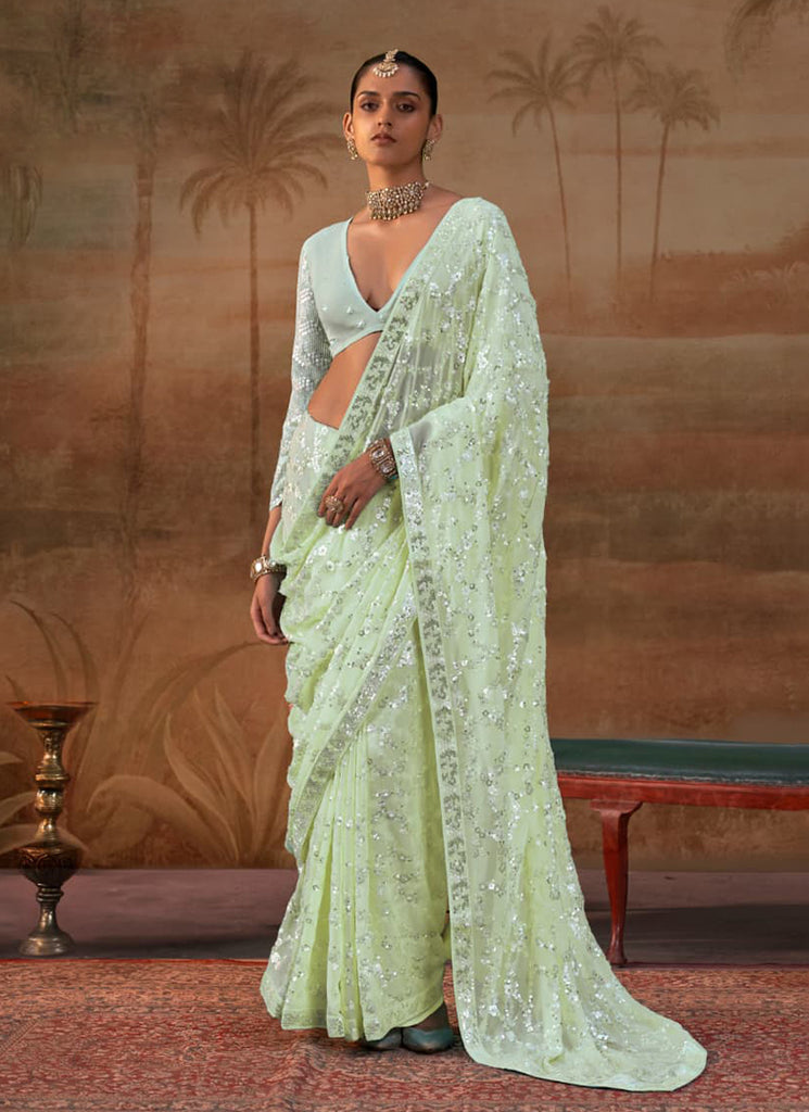 Lime Green Sequins Embroidery Georgette Saree