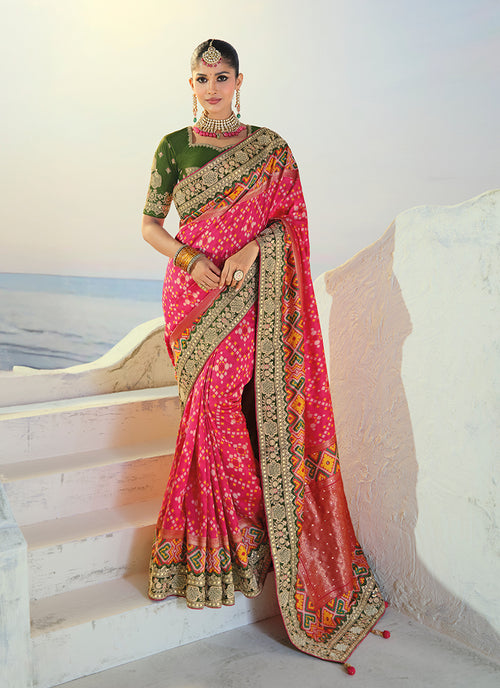 Magenta And Green Embroidered Patola Saree With Blouse