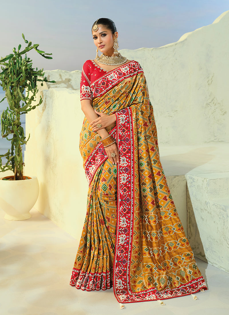 Shop Mustard And Red Patola Saree In UK