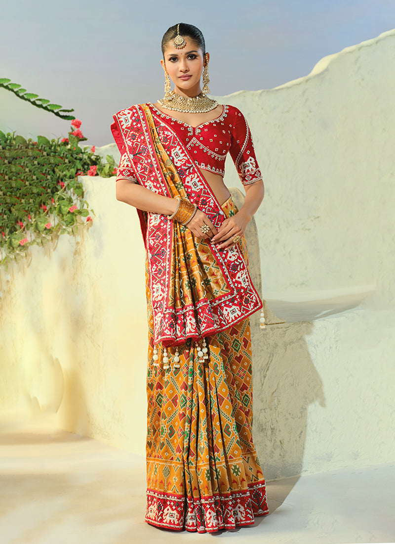 Mustard And Red Embroidered Patola Saree With Blouse