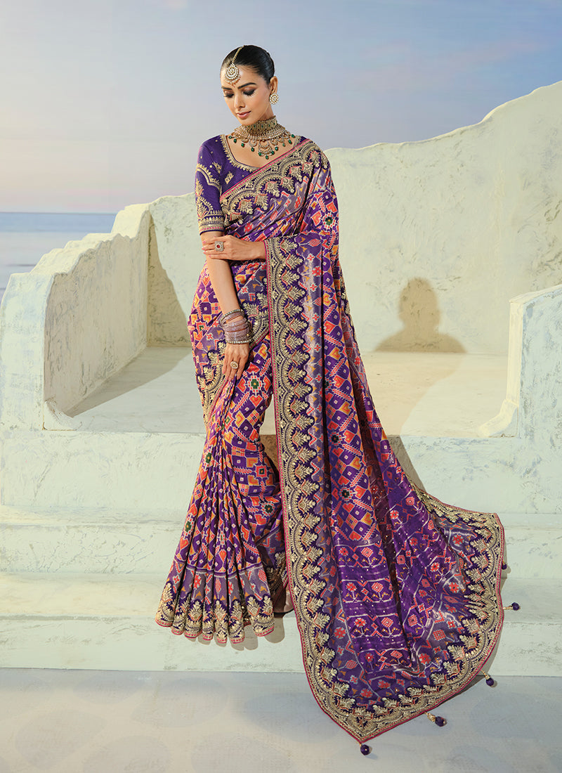 Rich Purple Embroidered Patola Saree With Blouse
