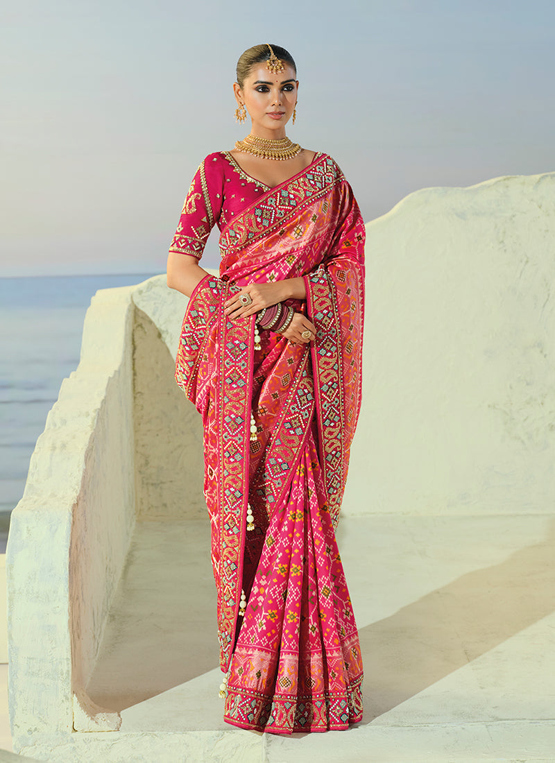 Magenta Rani Pink Embroidered Patola Saree with Blouse