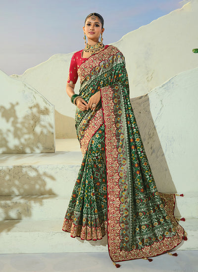 Green And Red Embroidered Patola Saree With Blouse