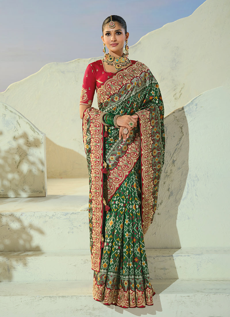 Buy Designer Green And Red Patola Saree In UK