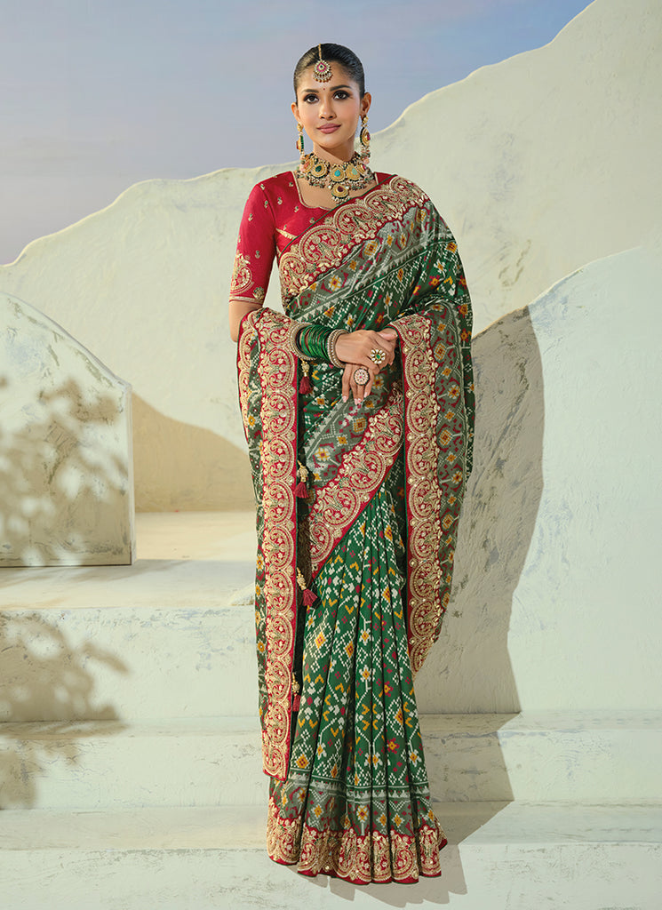 Buy Designer Green And Red Patola Saree In UK