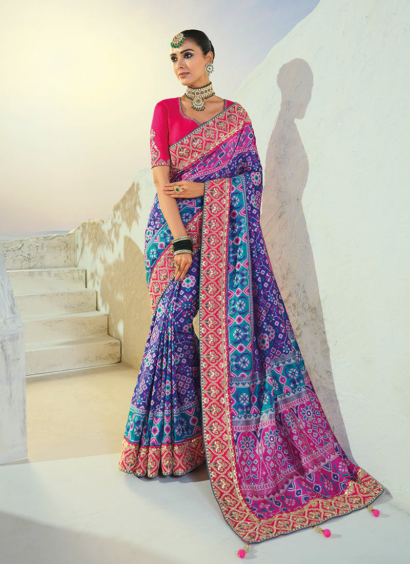 Indigo And Pink Embroidered Patola Saree With Blouse