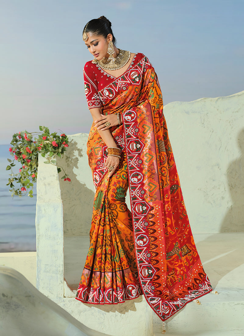 Buy Orange And Red Patola Saree In USA