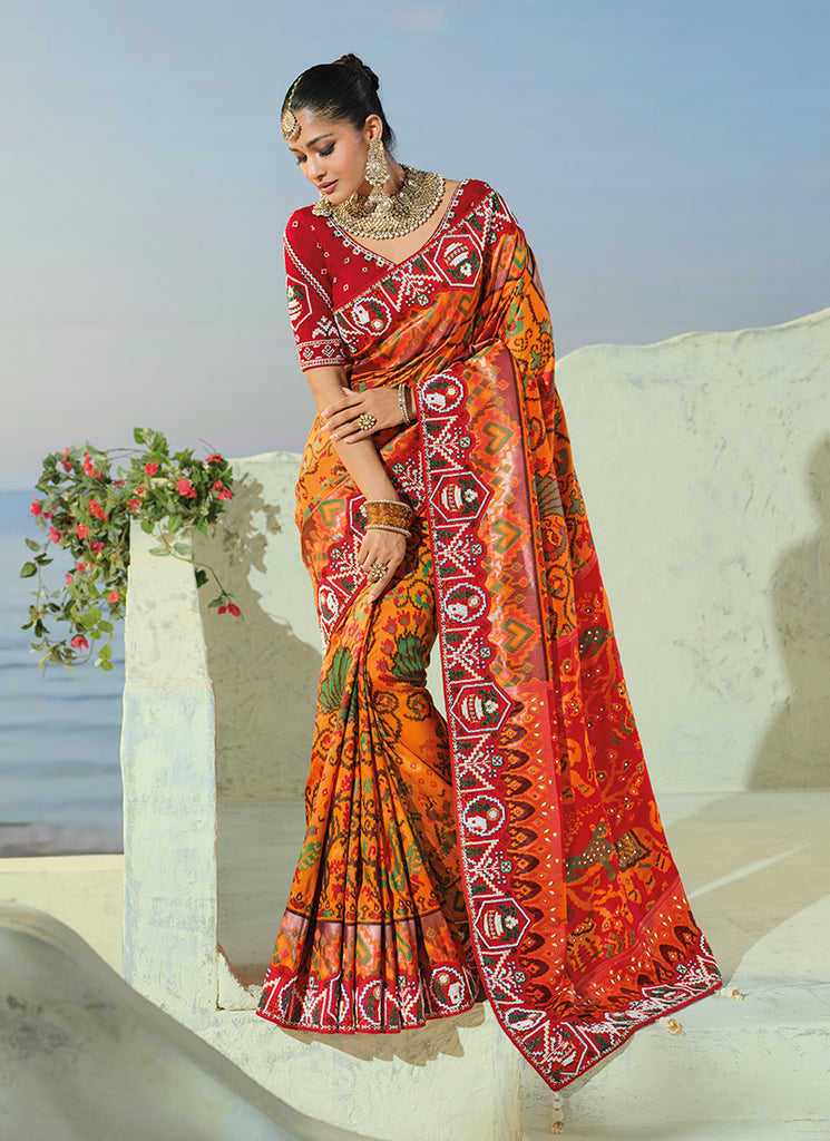 Buy Orange And Red Patola Saree In USA