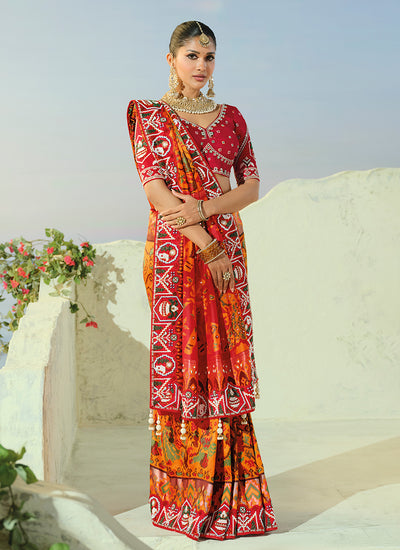 Orange And Red Embroidered Patola Saree With Blouse